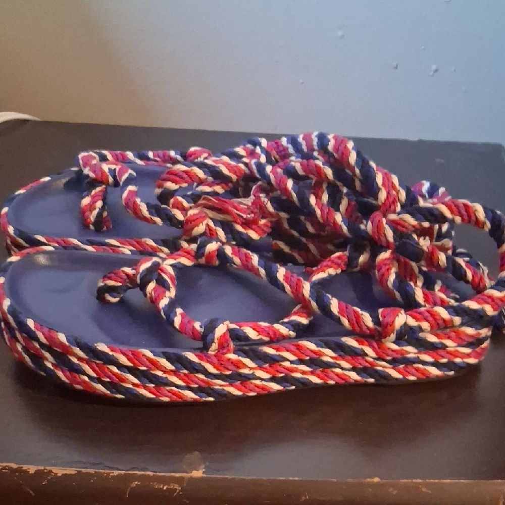 Isabel Marant Navy Rope Wrap Sandals with Fushia & White Braided Straps